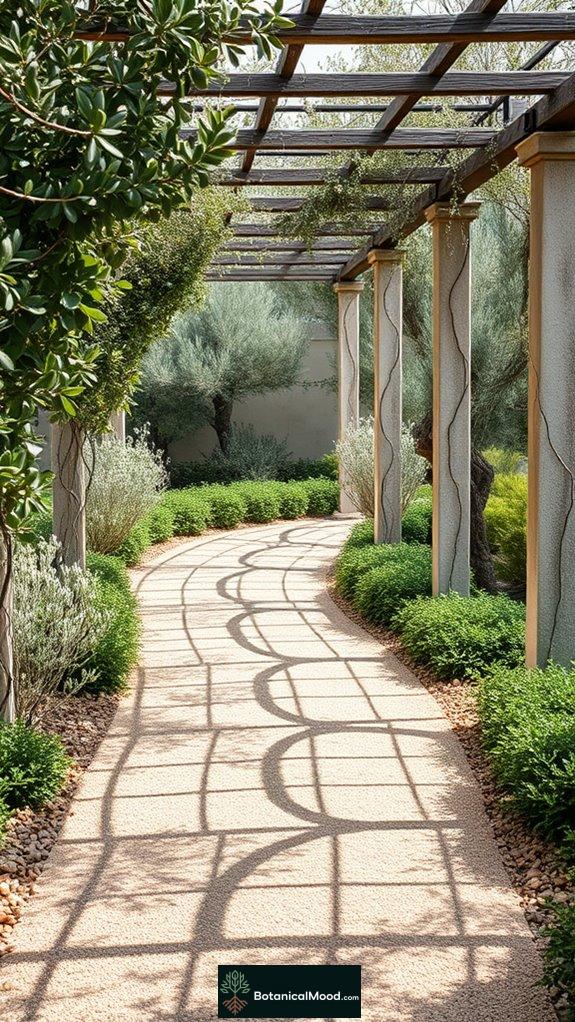 curved pathways and trellises
