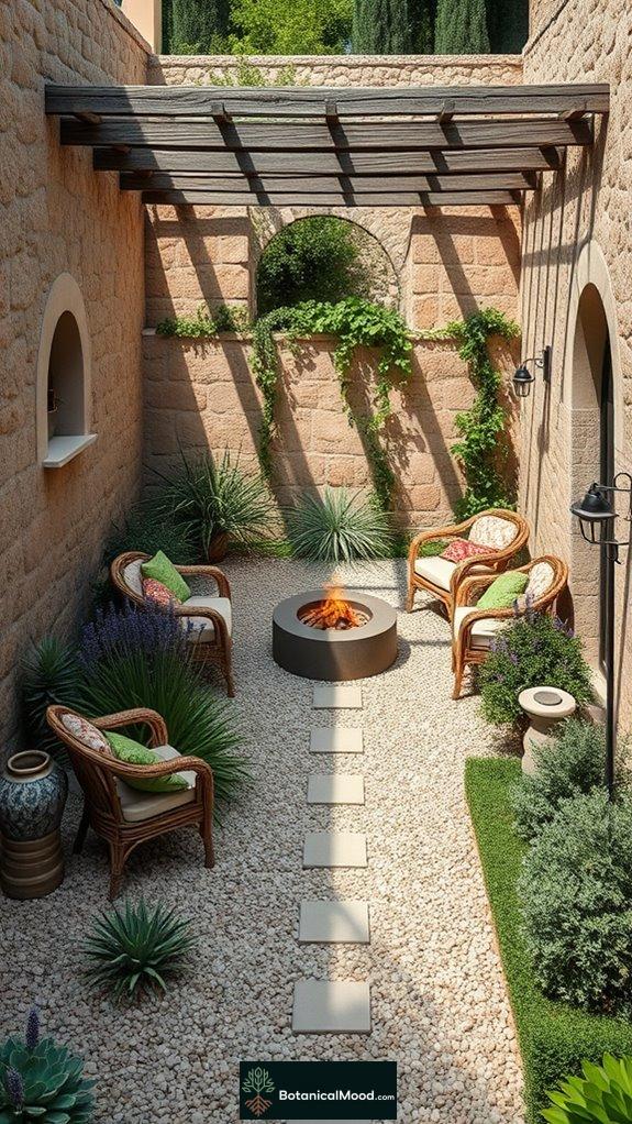 gravel pathways and seating