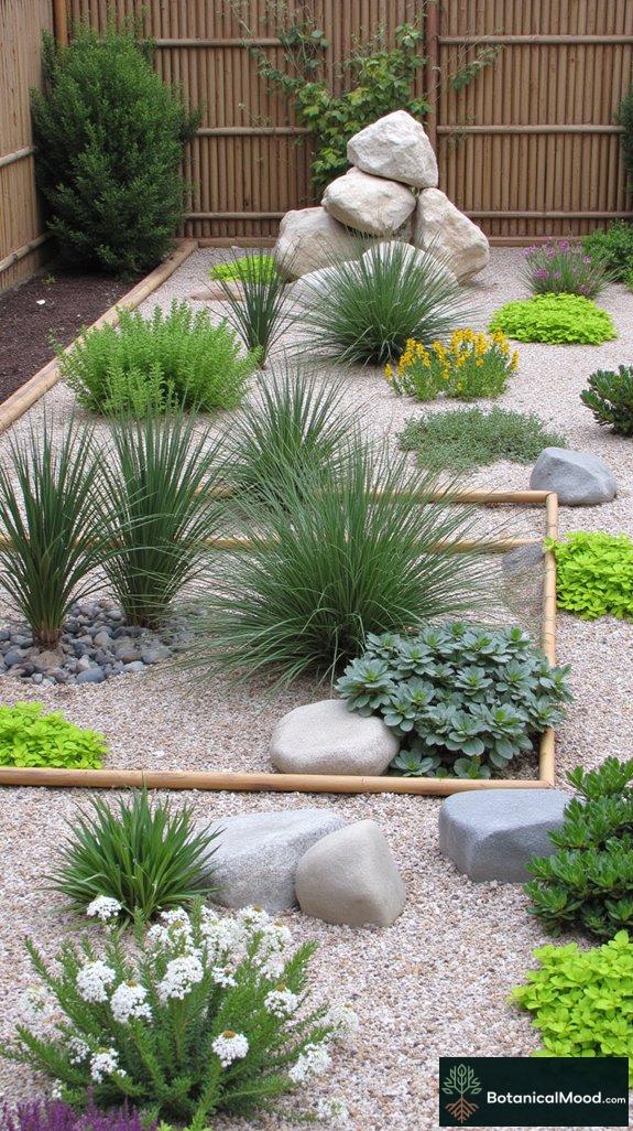 bamboo framed tranquil rock garden