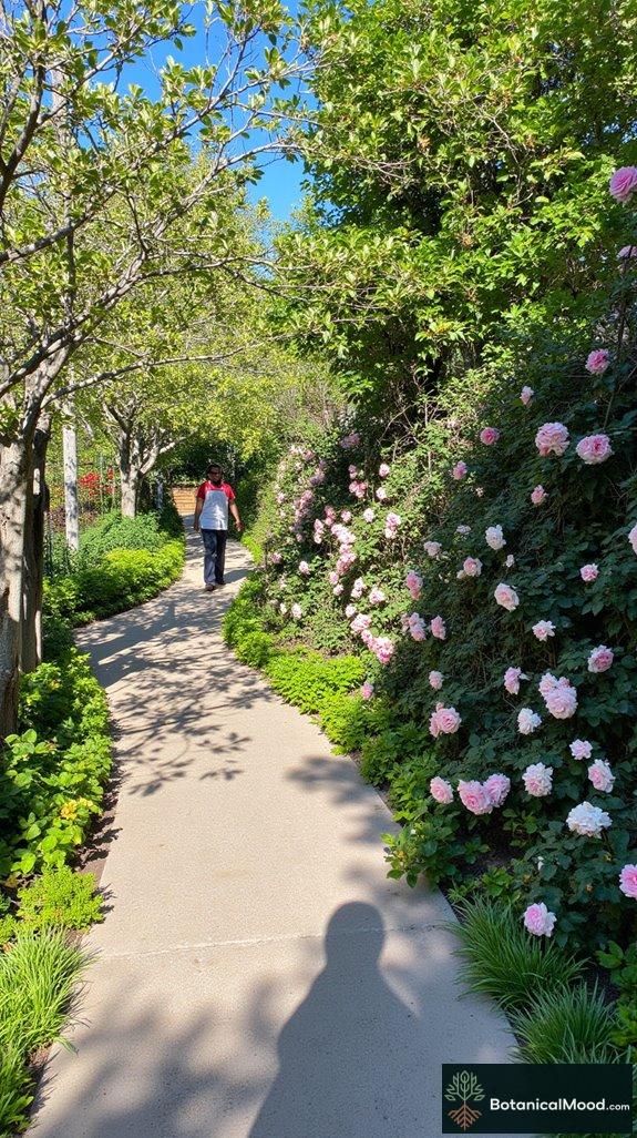 curved pathway with espalier