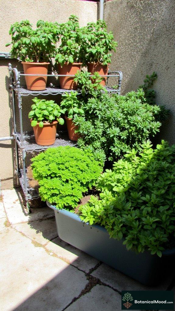 herbs thriving in containers