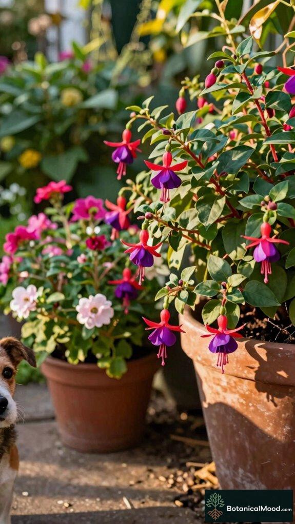 lush fuchsias in containers